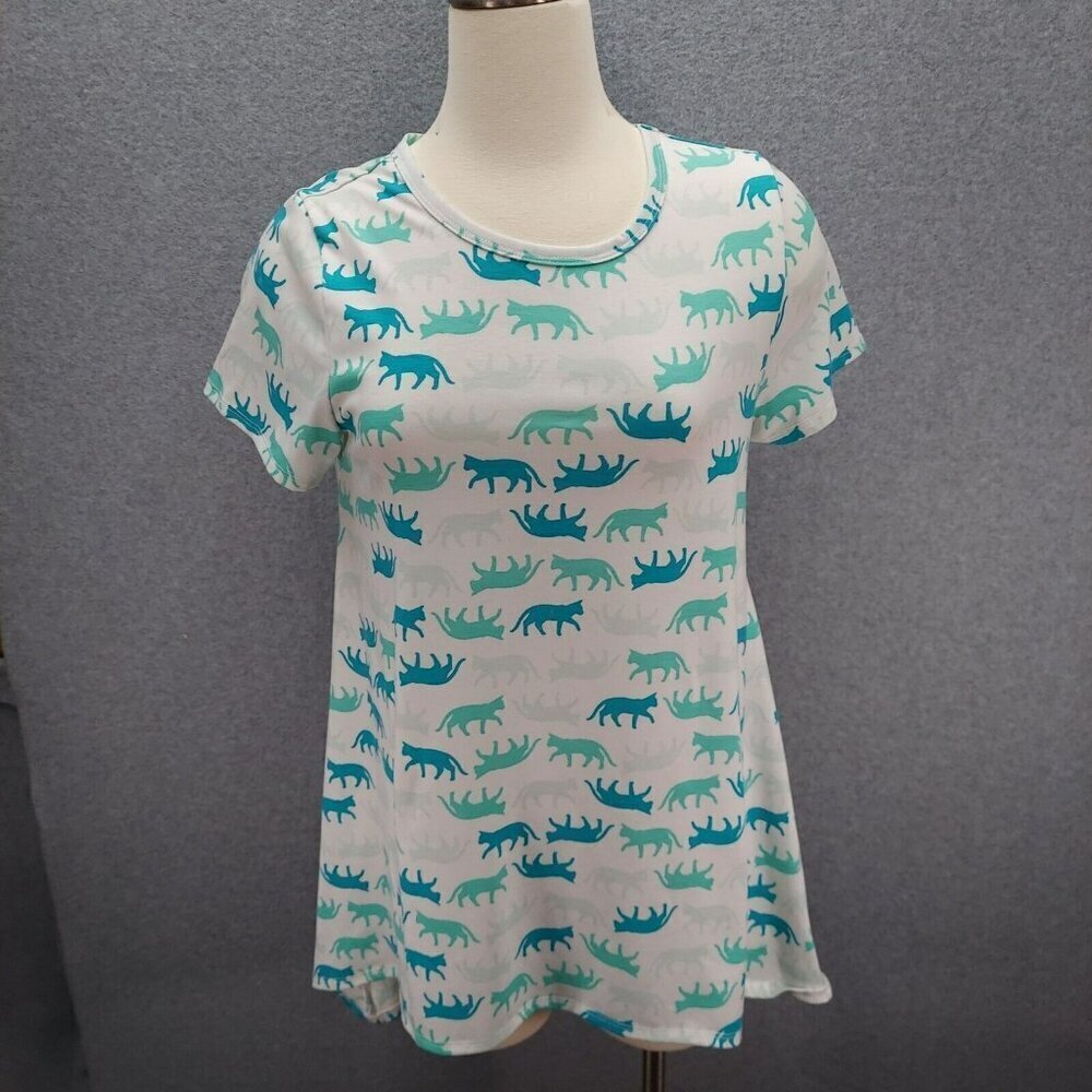 Lularoe Womens Melissa T-Shirt Small Multicolor Blue Teal Cats Flare Top